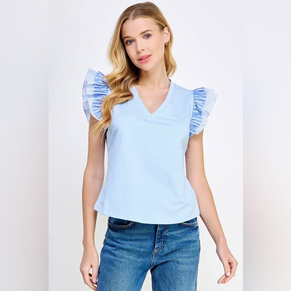 Powder Blue V-Neck Ruffle Top